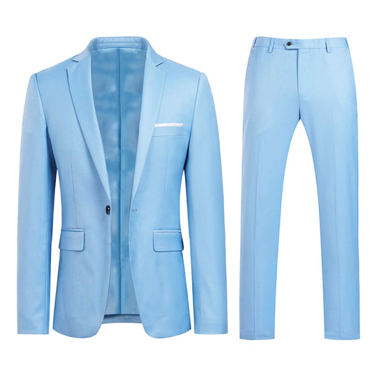Light Blue # Men's slim fit 2-piece simple designed suit with peaked lapel and four-button cuffs, light blue formal blazer jacket with matching flat-front trousers featuring extended waist strap and slanted side pockets, elegant polyester viscose blend suit for business, office, wedding and daily wear, isolated on white background.