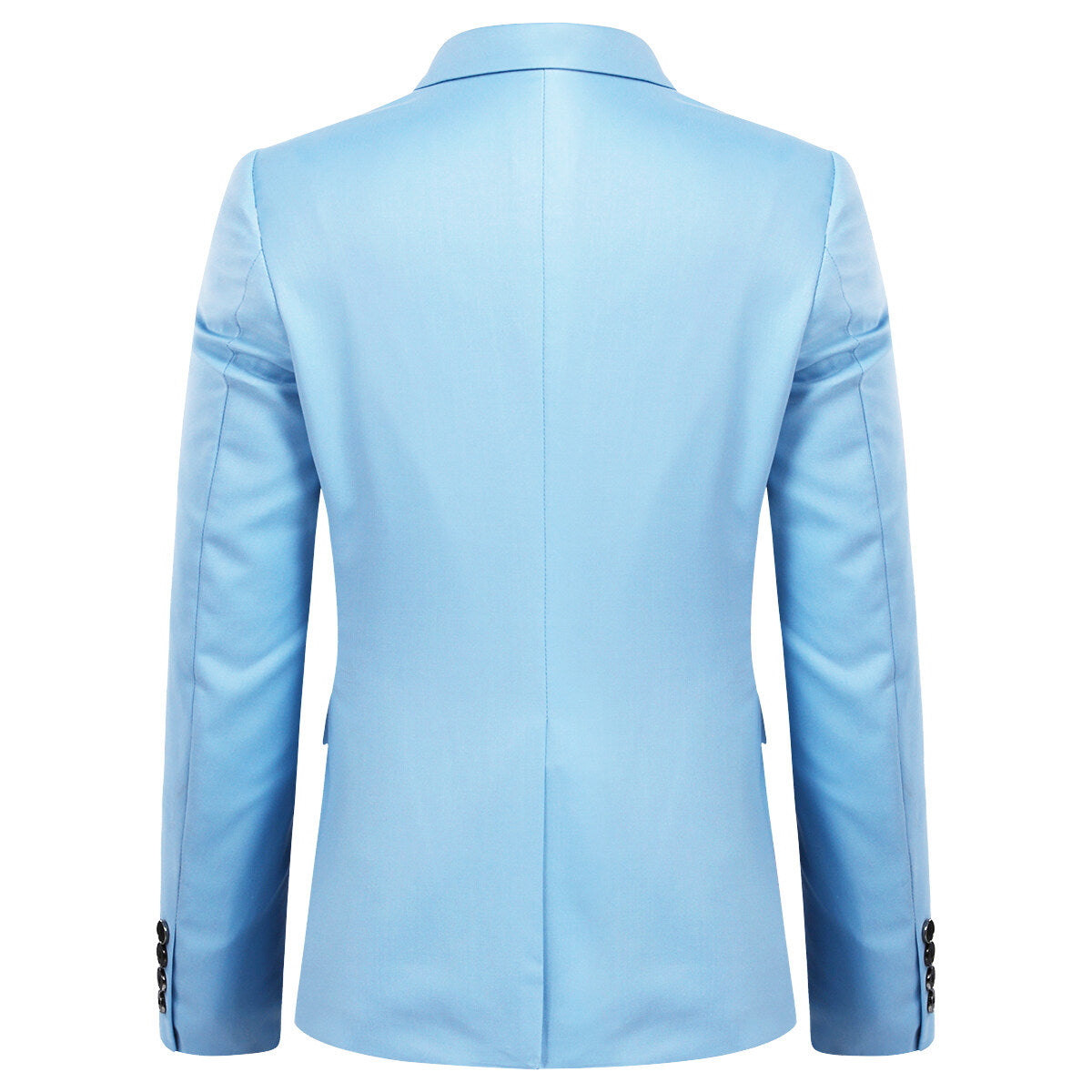 Light Blue # Men's slim fit 2-piece simple designed suit with peaked lapel and four-button cuffs, light blue formal blazer jacket with matching flat-front trousers featuring extended waist strap and slanted side pockets, elegant polyester viscose blend suit for business, office, wedding and daily wear, isolated on white background.