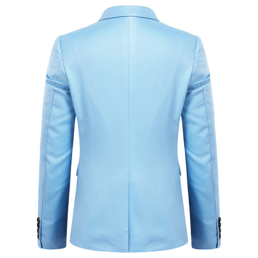 Light Blue # Men's slim fit 2-piece simple designed suit with peaked lapel and four-button cuffs, light blue formal blazer jacket with matching flat-front trousers featuring extended waist strap and slanted side pockets, elegant polyester viscose blend suit for business, office, wedding and daily wear, isolated on white background.