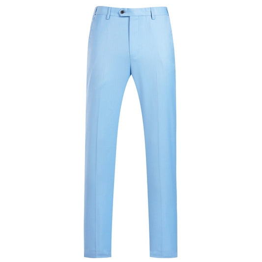 Light Blue # Men's slim fit 2-piece simple designed suit with peaked lapel and four-button cuffs, light blue formal blazer jacket with matching flat-front trousers featuring extended waist strap and slanted side pockets, elegant polyester viscose blend suit for business, office, wedding and daily wear, isolated on white background.