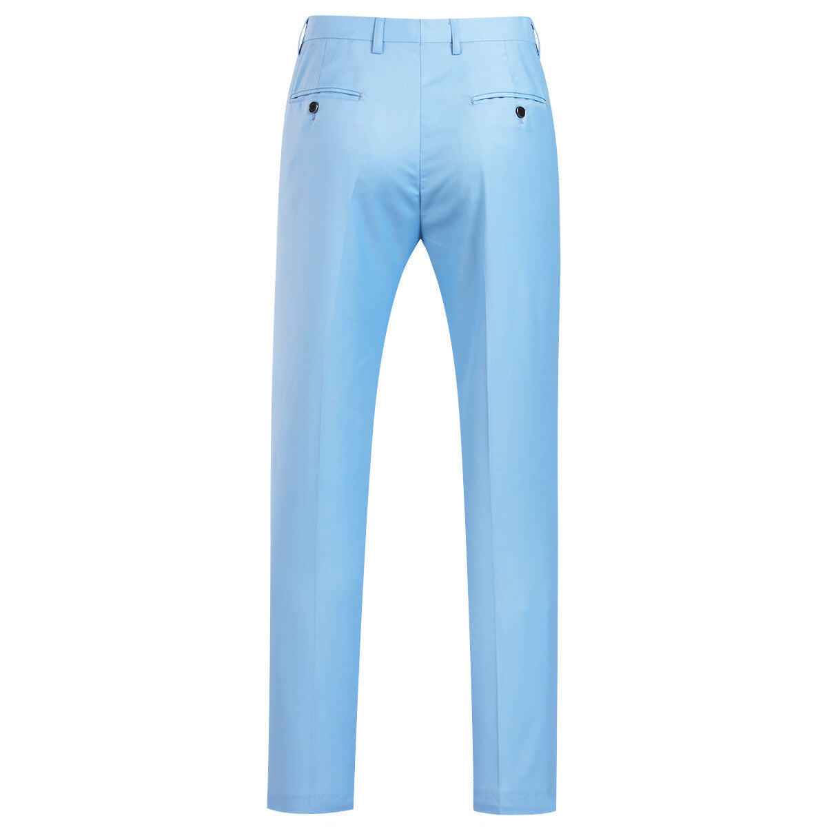Light Blue # Men's slim fit 2-piece simple designed suit with peaked lapel and four-button cuffs, light blue formal blazer jacket with matching flat-front trousers featuring extended waist strap and slanted side pockets, elegant polyester viscose blend suit for business, office, wedding and daily wear, isolated on white background.
