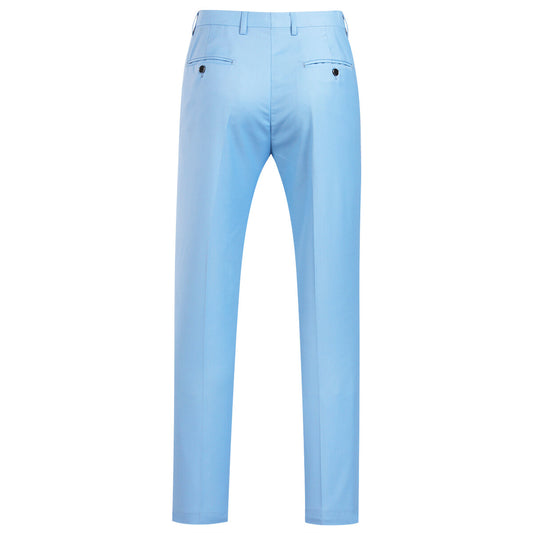 Light Blue # Men's slim fit 2-piece simple designed suit with peaked lapel and four-button cuffs, light blue formal blazer jacket with matching flat-front trousers featuring extended waist strap and slanted side pockets, elegant polyester viscose blend suit for business, office, wedding and daily wear, isolated on white background.