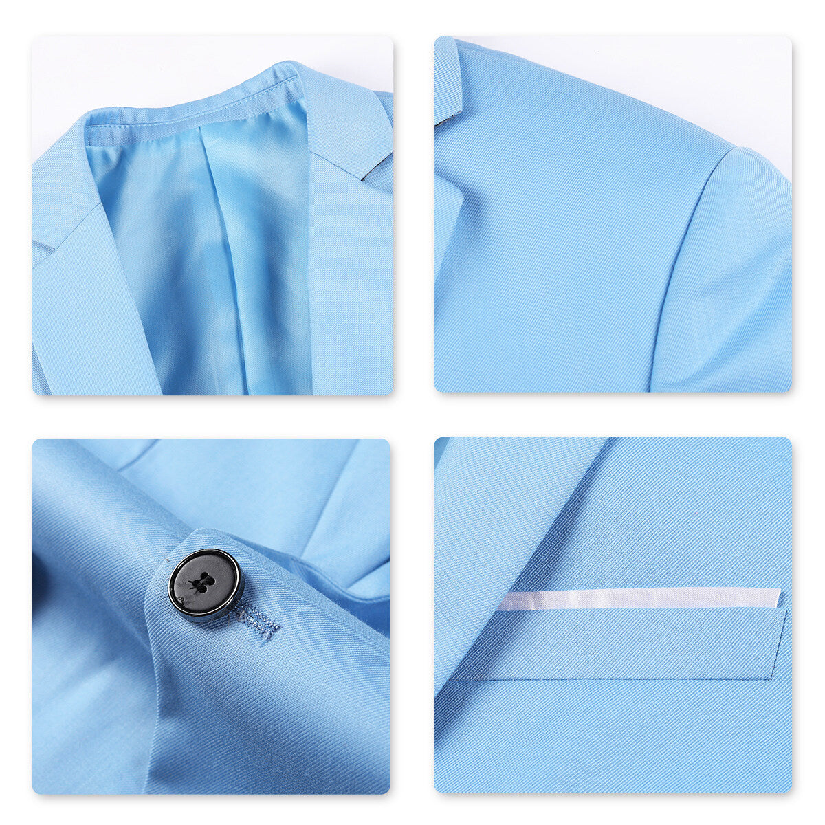Light Blue # Men's slim fit 2-piece simple designed suit with peaked lapel and four-button cuffs, light blue formal blazer jacket with matching flat-front trousers featuring extended waist strap and slanted side pockets, elegant polyester viscose blend suit for business, office, wedding and daily wear, isolated on white background.