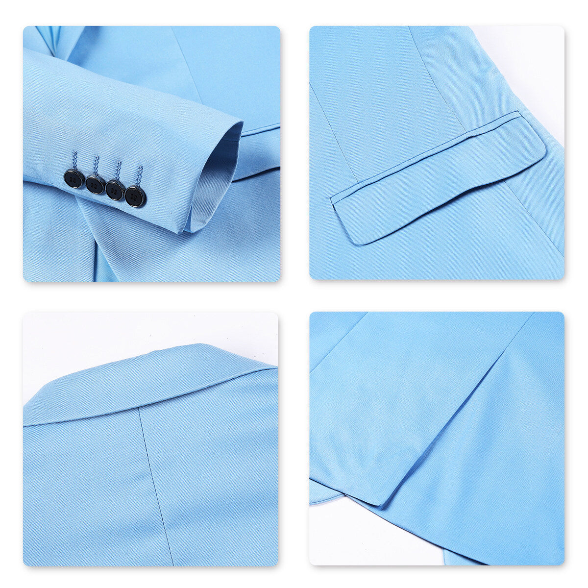 Light Blue # Men's slim fit 2-piece simple designed suit with peaked lapel and four-button cuffs, light blue formal blazer jacket with matching flat-front trousers featuring extended waist strap and slanted side pockets, elegant polyester viscose blend suit for business, office, wedding and daily wear, isolated on white background.