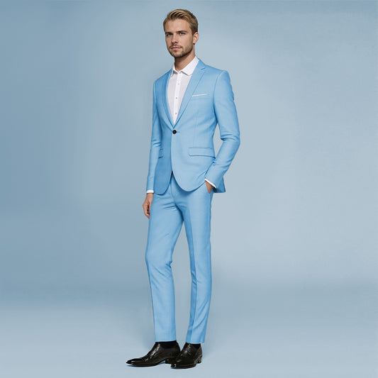 Light Blue # Men's slim fit 2-piece simple designed suit with peaked lapel and four-button cuffs, light blue formal blazer jacket with matching flat-front trousers featuring extended waist strap and slanted side pockets, elegant polyester viscose blend suit for business, office, wedding and daily wear, isolated on white background.