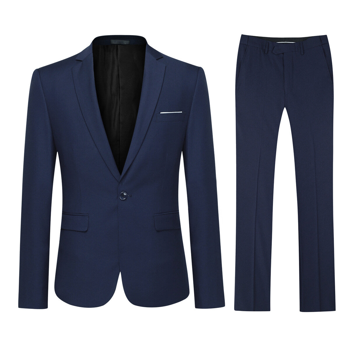 Navy # Men's slim fit 2-piece suit with peaked lapel and simple elegant design, navy formal blazer jacket with four-button cuffs and matching flat-front trousers with extended waist strap for business, office, wedding and daily wear, isolated on white background.