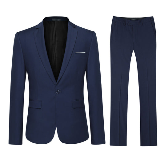 Navy # Men's slim fit 2-piece suit with peaked lapel and simple elegant design, navy formal blazer jacket with four-button cuffs and matching flat-front trousers with extended waist strap for business, office, wedding and daily wear, isolated on white background.