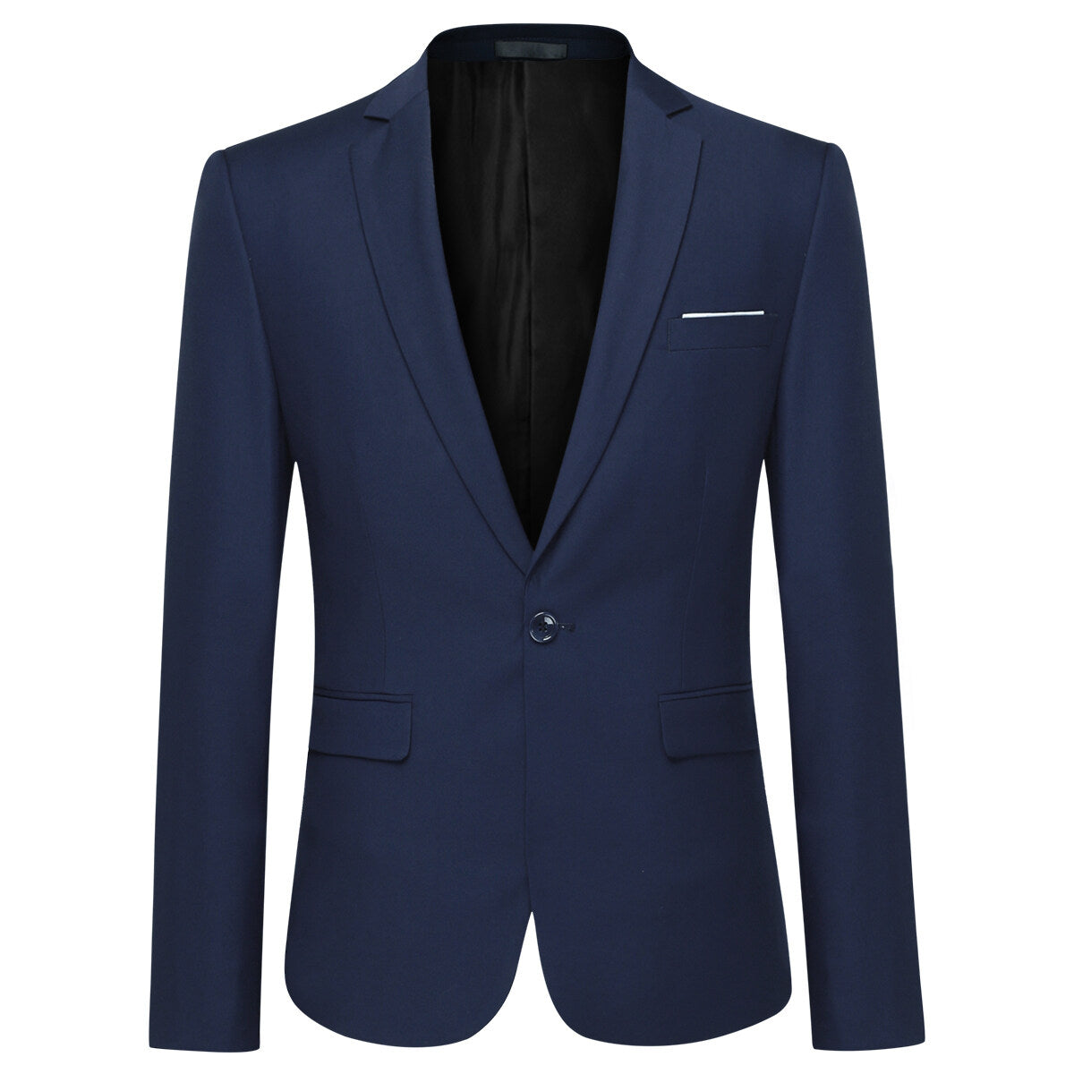Navy # Men's slim fit 2-piece suit with peaked lapel and simple elegant design, navy formal blazer jacket with four-button cuffs and matching flat-front trousers with extended waist strap for business, office, wedding and daily wear, isolated on white background.