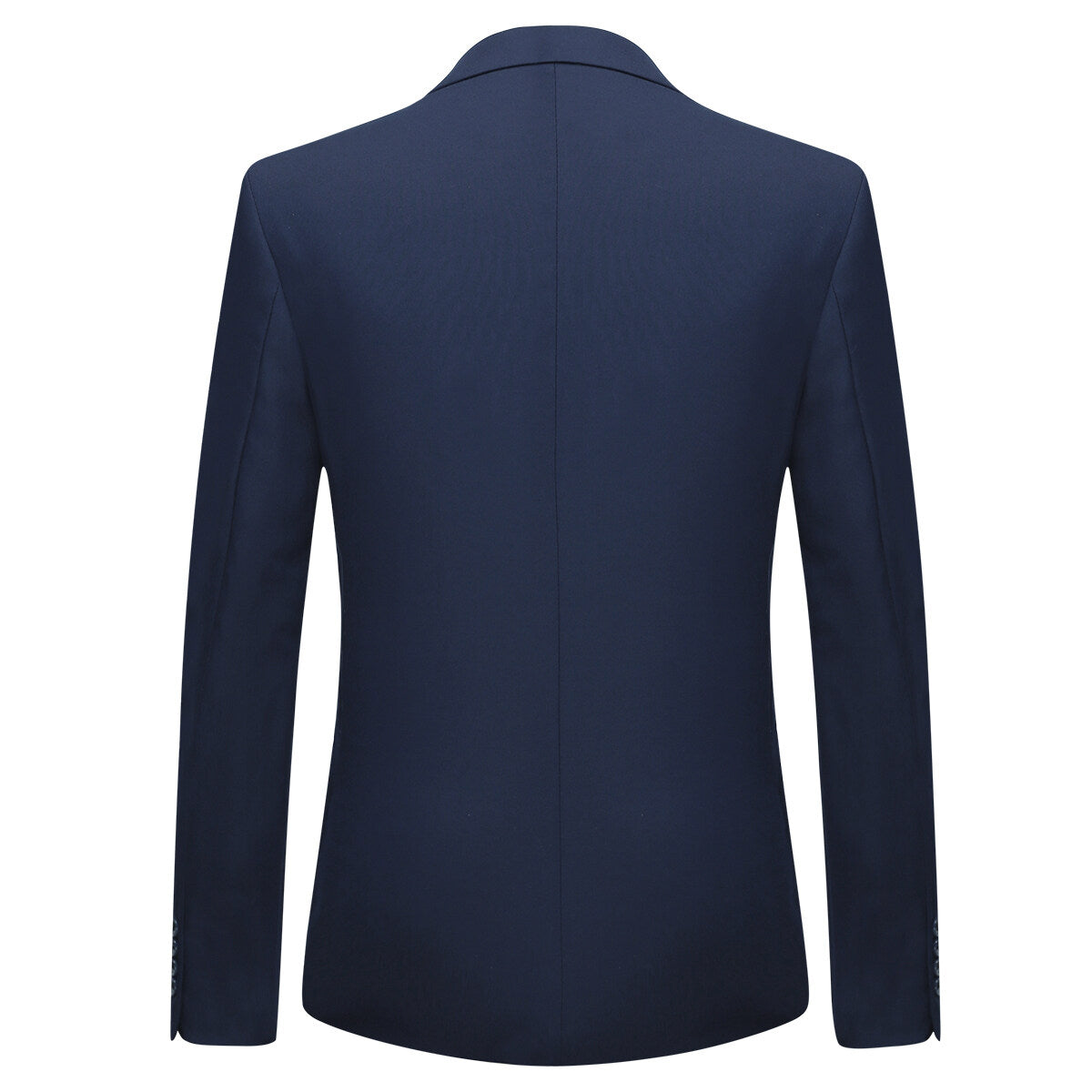 Navy # Men's slim fit 2-piece suit with peaked lapel and simple elegant design, navy formal blazer jacket with four-button cuffs and matching flat-front trousers with extended waist strap for business, office, wedding and daily wear, isolated on white background.