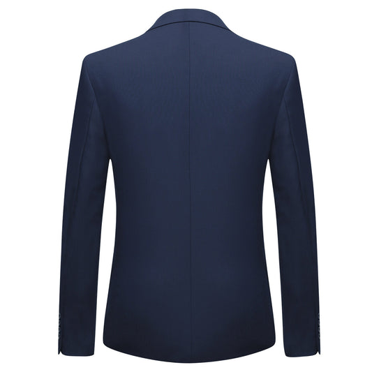 Navy # Men's slim fit 2-piece suit with peaked lapel and simple elegant design, navy formal blazer jacket with four-button cuffs and matching flat-front trousers with extended waist strap for business, office, wedding and daily wear, isolated on white background.