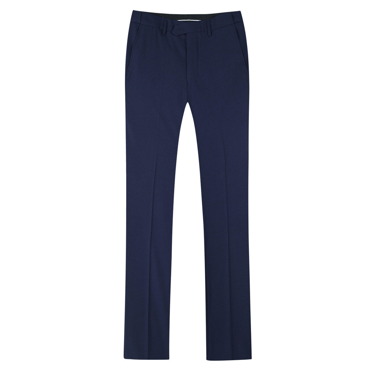 Navy # Men's slim fit 2-piece suit with peaked lapel and simple elegant design, navy formal blazer jacket with four-button cuffs and matching flat-front trousers with extended waist strap for business, office, wedding and daily wear, isolated on white background.