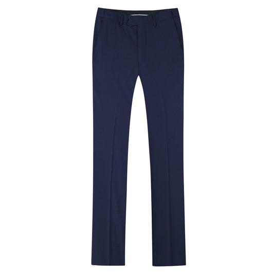 Navy # Men's slim fit 2-piece suit with peaked lapel and simple elegant design, navy formal blazer jacket with four-button cuffs and matching flat-front trousers with extended waist strap for business, office, wedding and daily wear, isolated on white background.
