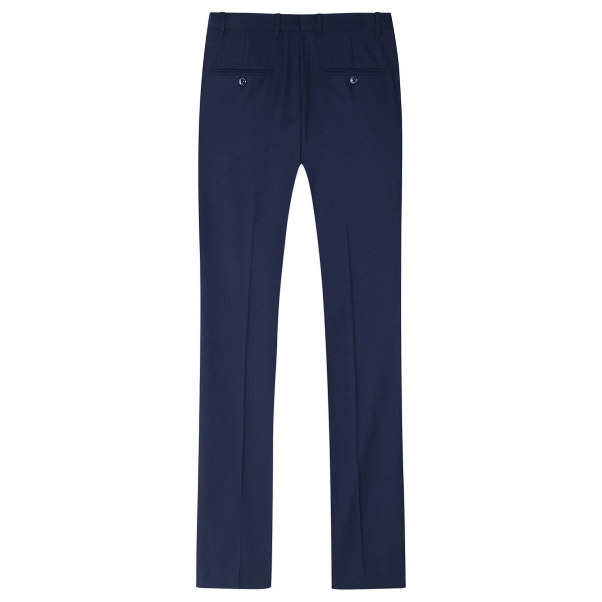 Navy # Men's slim fit 2-piece suit with peaked lapel and simple elegant design, navy formal blazer jacket with four-button cuffs and matching flat-front trousers with extended waist strap for business, office, wedding and daily wear, isolated on white background.