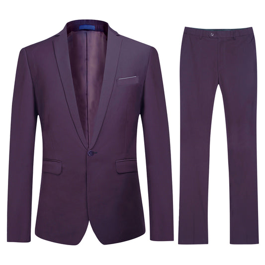 Purple # Men's slim fit 2-piece suit with peaked lapel and simple elegant design, purple formal blazer jacket with four-button cuffs and matching flat-front trousers with extended waist strap for business, office, wedding and daily wear, isolated on white background.