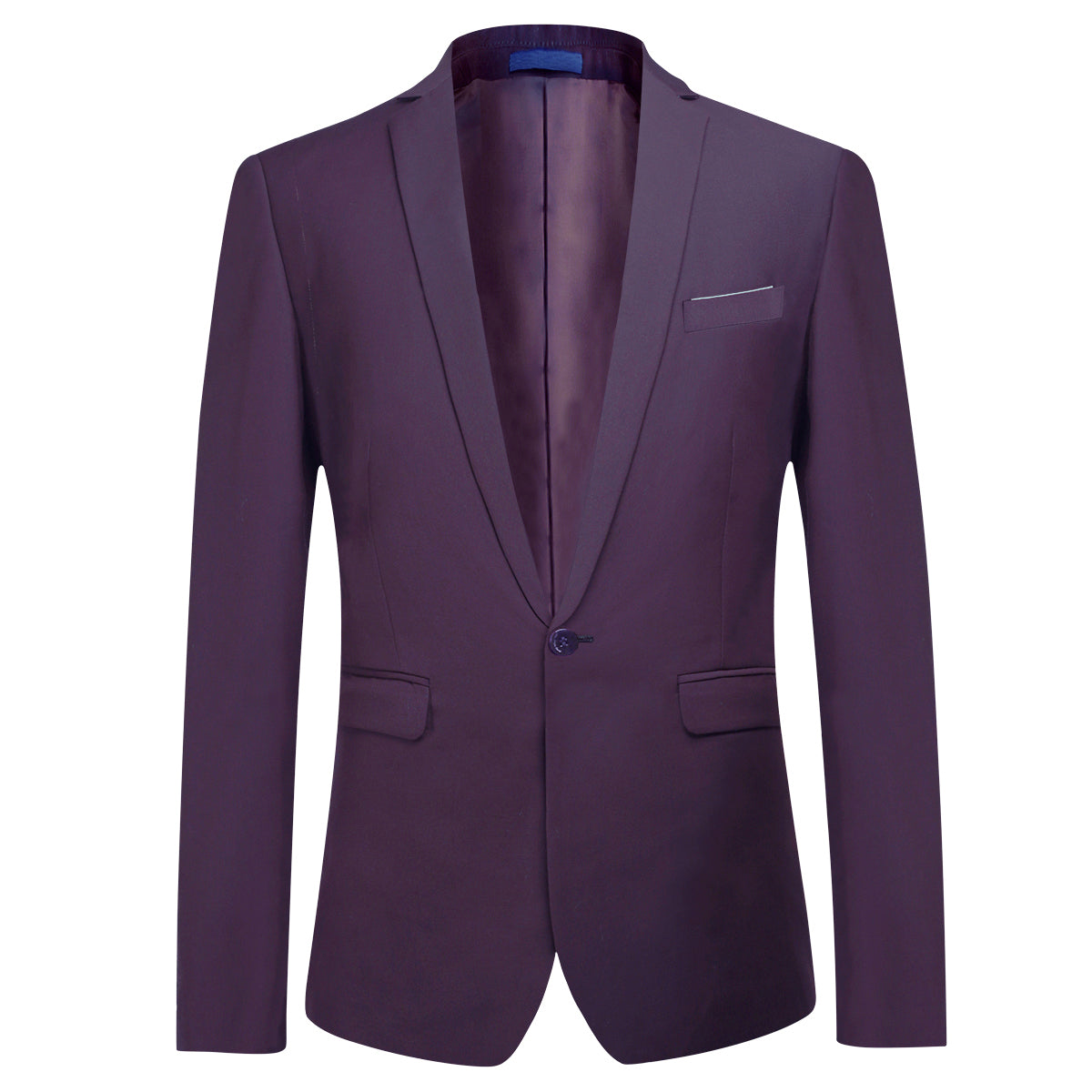 Purple # Men's slim fit 2-piece suit with peaked lapel and simple elegant design, purple formal blazer jacket with four-button cuffs and matching flat-front trousers with extended waist strap for business, office, wedding and daily wear, isolated on white background.