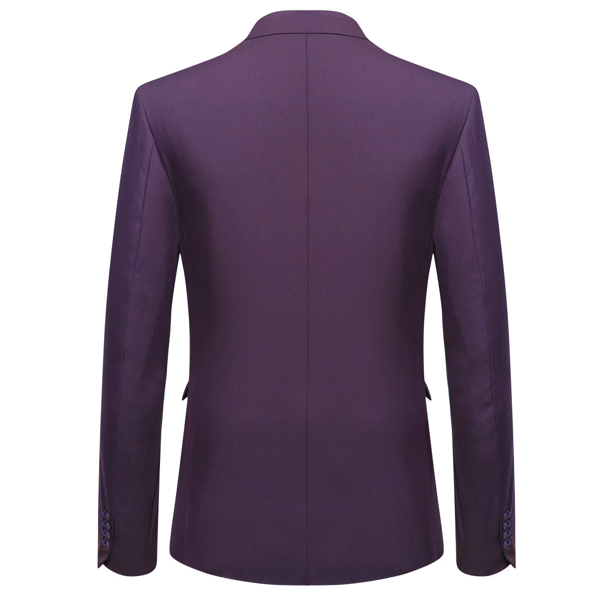 Purple # Men's slim fit 2-piece suit with peaked lapel and simple elegant design, purple formal blazer jacket with four-button cuffs and matching flat-front trousers with extended waist strap for business, office, wedding and daily wear, isolated on white background.