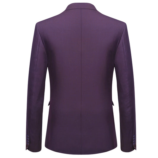 Purple # Men's slim fit 2-piece suit with peaked lapel and simple elegant design, purple formal blazer jacket with four-button cuffs and matching flat-front trousers with extended waist strap for business, office, wedding and daily wear, isolated on white background.
