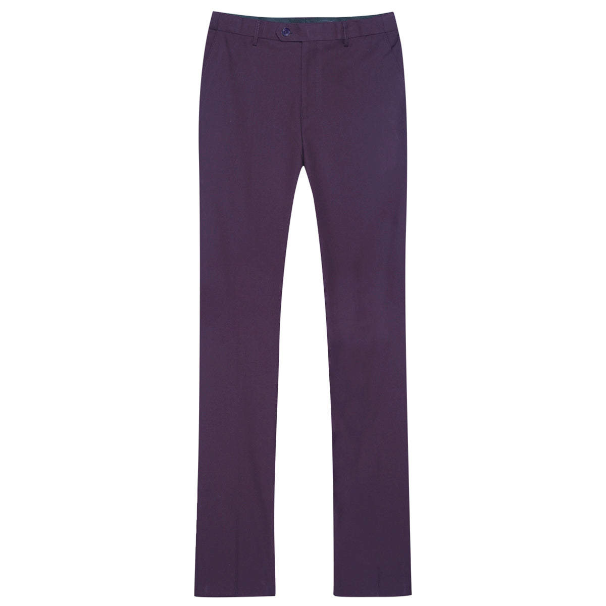 Purple # Men's slim fit 2-piece suit with peaked lapel and simple elegant design, purple formal blazer jacket with four-button cuffs and matching flat-front trousers with extended waist strap for business, office, wedding and daily wear, isolated on white background.