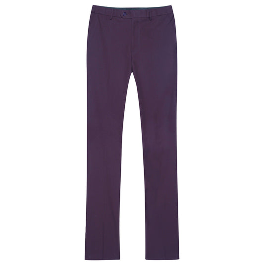 Purple # Men's slim fit 2-piece suit with peaked lapel and simple elegant design, purple formal blazer jacket with four-button cuffs and matching flat-front trousers with extended waist strap for business, office, wedding and daily wear, isolated on white background.