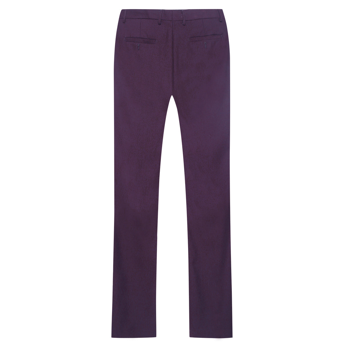 Purple # Men's slim fit 2-piece suit with peaked lapel and simple elegant design, purple formal blazer jacket with four-button cuffs and matching flat-front trousers with extended waist strap for business, office, wedding and daily wear, isolated on white background.