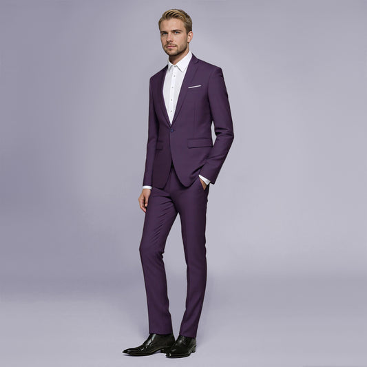 Purple # Men's slim fit 2-piece suit with peaked lapel and simple elegant design, purple formal blazer jacket with four-button cuffs and matching flat-front trousers with extended waist strap for business, office, wedding and daily wear, isolated on white background.