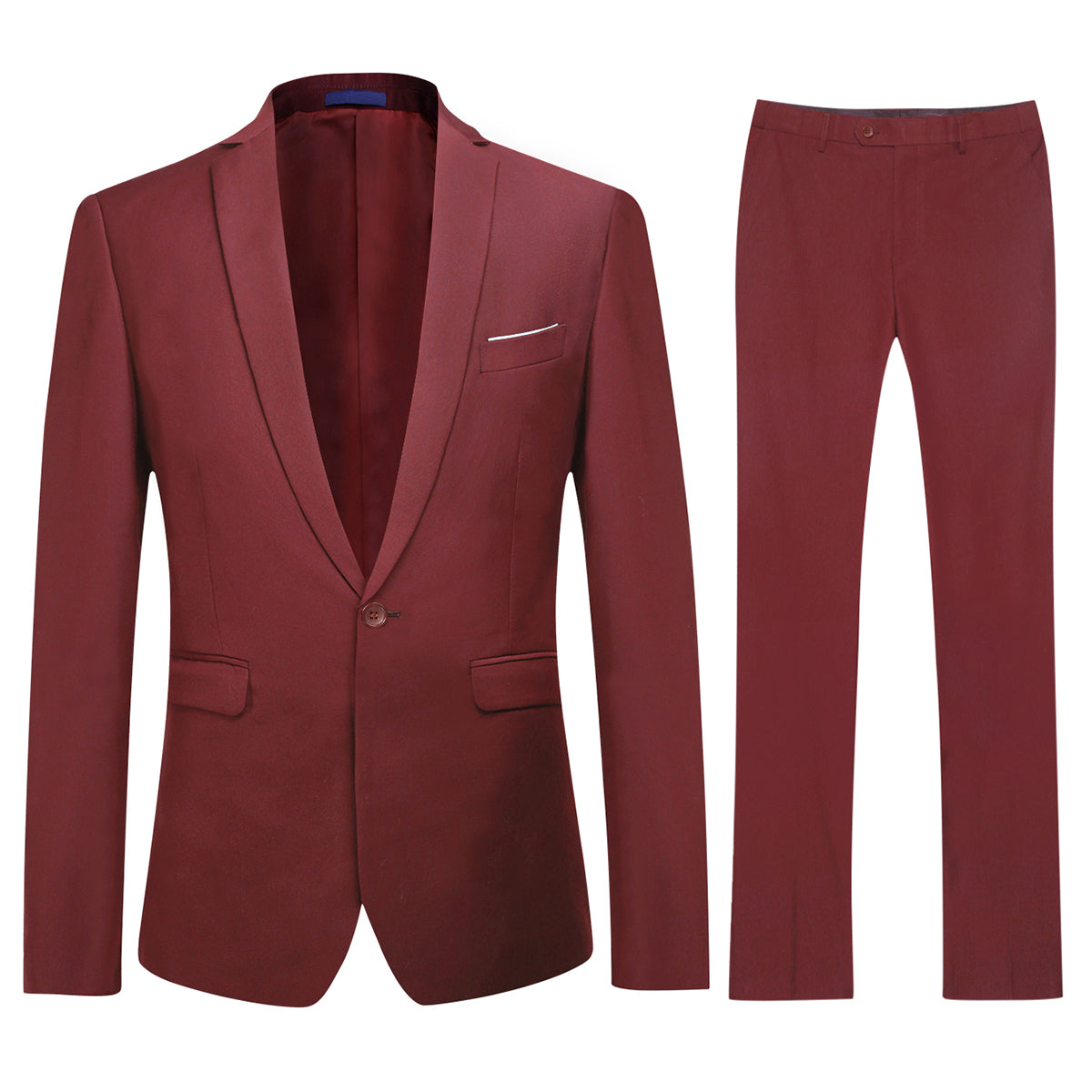 Wine Red # Men's slim fit 2-piece suit with peaked lapel and simple elegant design, wine red formal blazer jacket with four-button cuffs and matching flat-front trousers with extended waist strap for business, office, wedding and daily wear, isolated on white background.