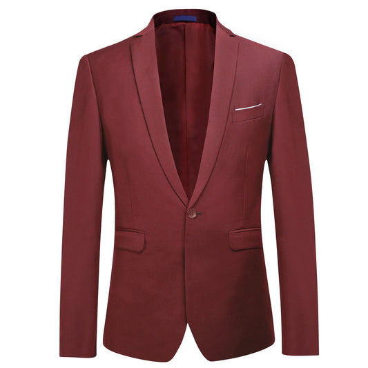 Wine Red # Men's slim fit 2-piece suit with peaked lapel and simple elegant design, wine red formal blazer jacket with four-button cuffs and matching flat-front trousers with extended waist strap for business, office, wedding and daily wear, isolated on white background.