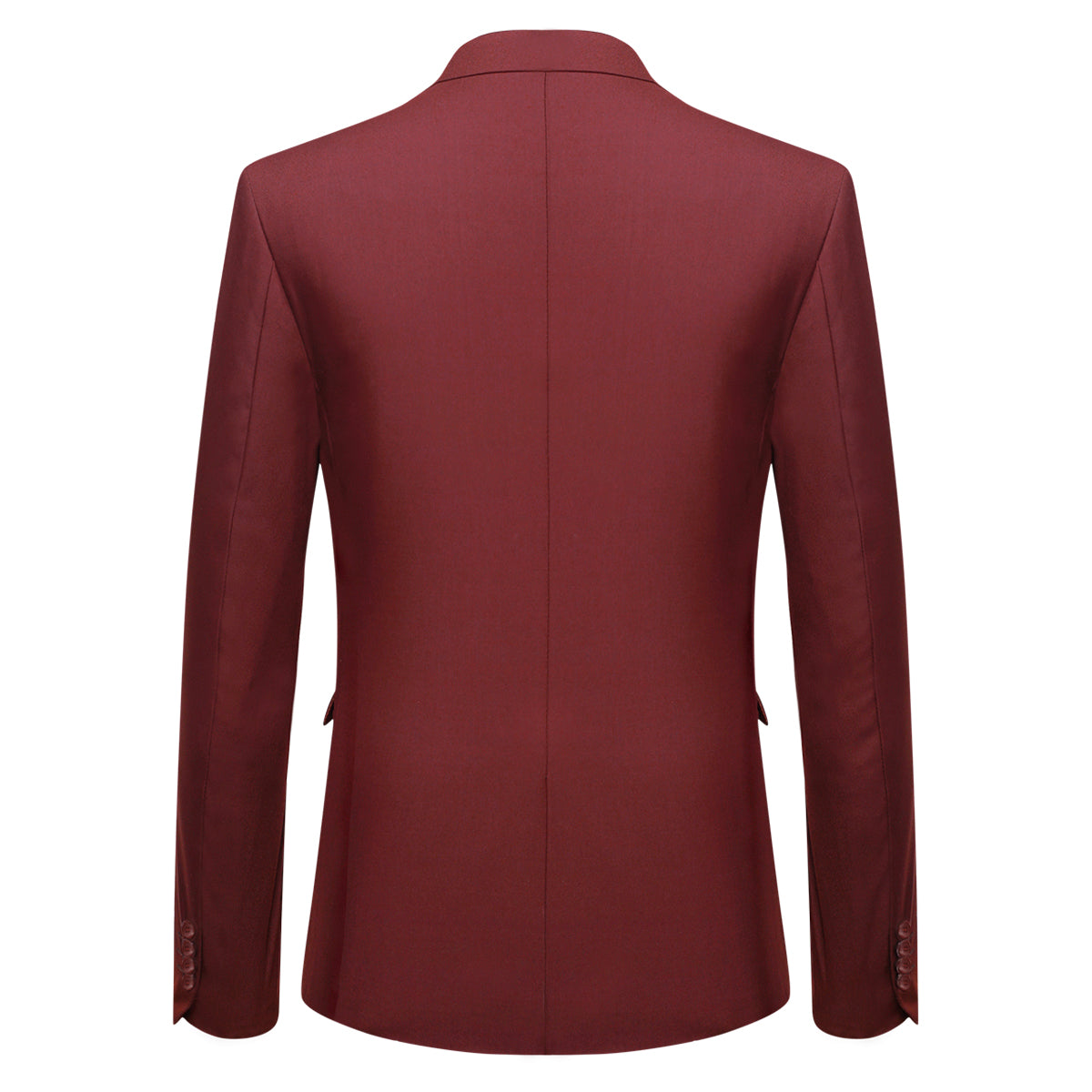 Wine Red # Men's slim fit 2-piece suit with peaked lapel and simple elegant design, wine red formal blazer jacket with four-button cuffs and matching flat-front trousers with extended waist strap for business, office, wedding and daily wear, isolated on white background.