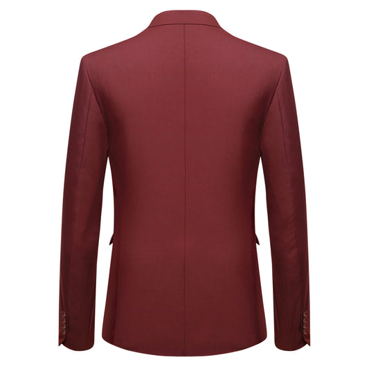 Wine Red # Men's slim fit 2-piece suit with peaked lapel and simple elegant design, wine red formal blazer jacket with four-button cuffs and matching flat-front trousers with extended waist strap for business, office, wedding and daily wear, isolated on white background.