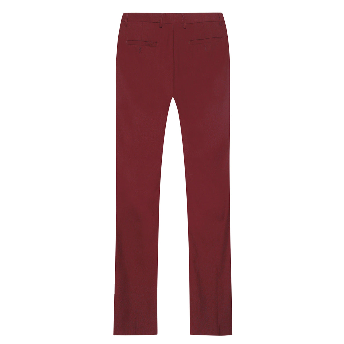 Wine Red # Men's slim fit 2-piece suit with peaked lapel and simple elegant design, wine red formal blazer jacket with four-button cuffs and matching flat-front trousers with extended waist strap for business, office, wedding and daily wear, isolated on white background.