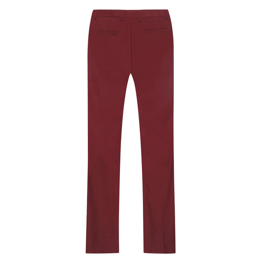 Wine Red # Men's slim fit 2-piece suit with peaked lapel and simple elegant design, wine red formal blazer jacket with four-button cuffs and matching flat-front trousers with extended waist strap for business, office, wedding and daily wear, isolated on white background.