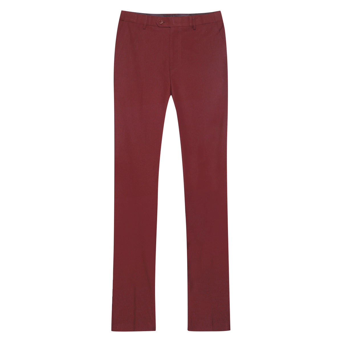 Wine Red # Men's slim fit 2-piece suit with peaked lapel and simple elegant design, wine red formal blazer jacket with four-button cuffs and matching flat-front trousers with extended waist strap for business, office, wedding and daily wear, isolated on white background.