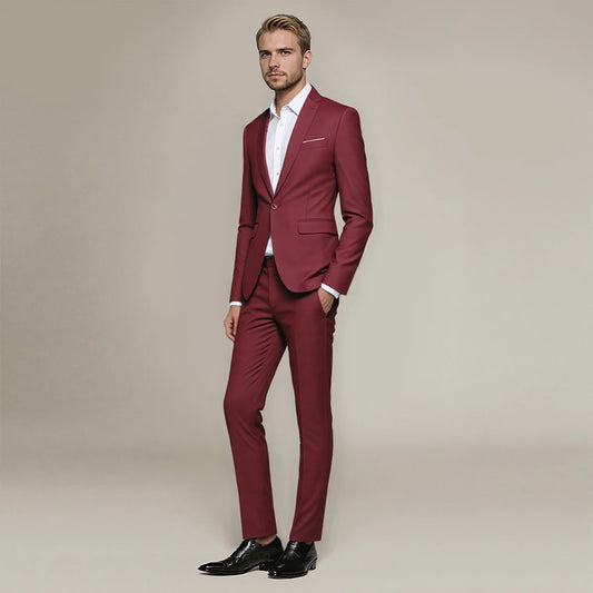 Wine Red # Men's slim fit 2-piece suit with peaked lapel and simple elegant design, wine red formal blazer jacket with four-button cuffs and matching flat-front trousers with extended waist strap for business, office, wedding and daily wear, isolated on white background.