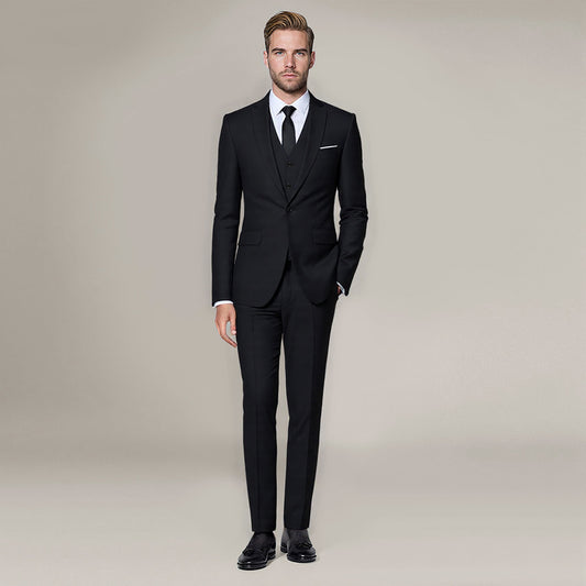 Black # Men's slim fit 3-piece classic suit with one-button peaked lapel and button closure, black formal blazer jacket with matching vest and flat-front trousers with extended waist strap and slanted side pockets, elegant polyester viscose blend suit for business, wedding, office and daily wear, isolated on white background.