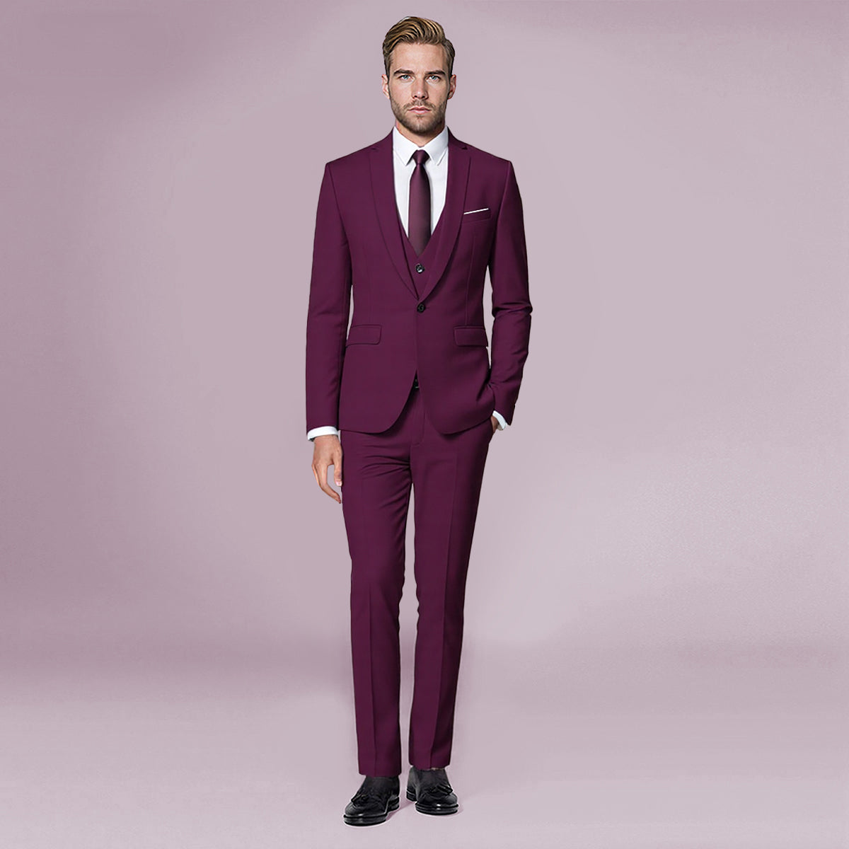Dark Red # Men's slim fit 3-piece classic casual suit with one-button peaked lapel and button closure, dark red formal blazer jacket with matching vest and flat-front trousers with extended waist strap and slanted side pockets, elegant polyester viscose blend suit for business, wedding, office and daily wear, isolated on white background.
