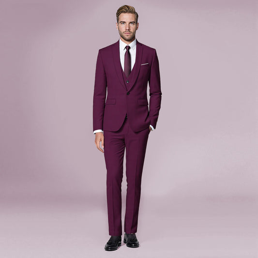 Dark Red # Men's slim fit 3-piece classic casual suit with one-button peaked lapel and button closure, dark red formal blazer jacket with matching vest and flat-front trousers with extended waist strap and slanted side pockets, elegant polyester viscose blend suit for business, wedding, office and daily wear, isolated on white background.