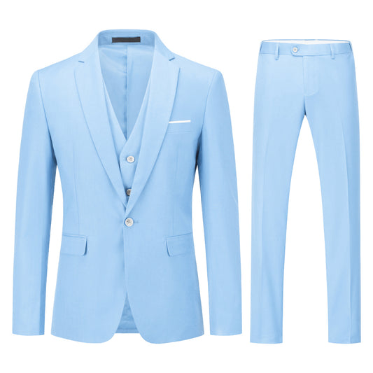 Light Blue # Men's slim fit 3-piece classic casual suit with one-button peaked lapel and button closure, light blue formal blazer jacket with matching vest and flat-front trousers with extended waist strap and slanted side pockets, elegant polyester viscose blend suit for business, wedding, office and daily wear, isolated on white background.