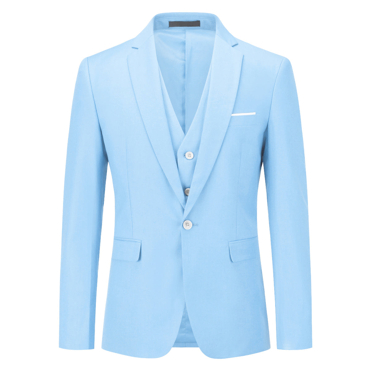 Light Blue # Men's slim fit 3-piece classic casual suit with one-button peaked lapel and button closure, light blue formal blazer jacket with matching vest and flat-front trousers with extended waist strap and slanted side pockets, elegant polyester viscose blend suit for business, wedding, office and daily wear, isolated on white background.