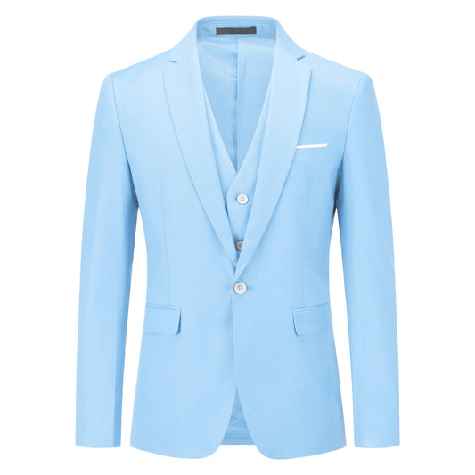 Light Blue # Men's slim fit 3-piece classic casual suit with one-button peaked lapel and button closure, light blue formal blazer jacket with matching vest and flat-front trousers with extended waist strap and slanted side pockets, elegant polyester viscose blend suit for business, wedding, office and daily wear, isolated on white background.