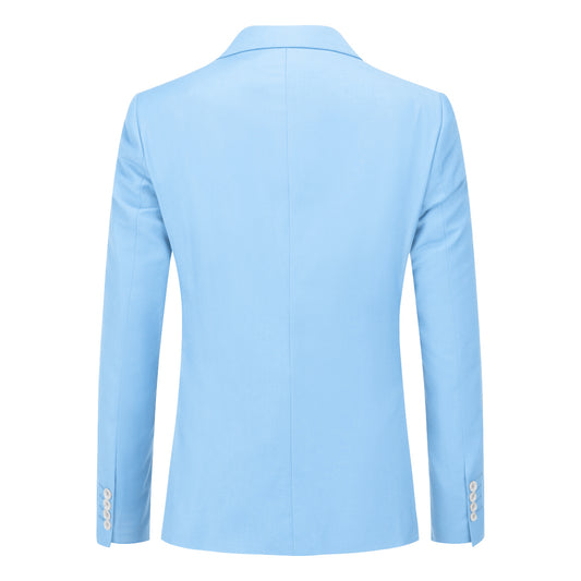 Light Blue # Men's slim fit 3-piece classic casual suit with one-button peaked lapel and button closure, light blue formal blazer jacket with matching vest and flat-front trousers with extended waist strap and slanted side pockets, elegant polyester viscose blend suit for business, wedding, office and daily wear, isolated on white background.