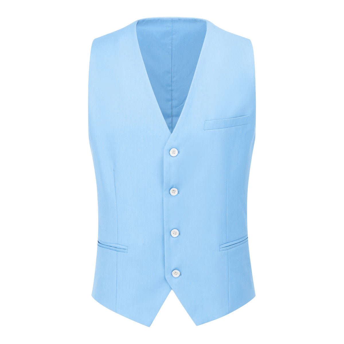 Light Blue # Men's slim fit 3-piece classic casual suit with one-button peaked lapel and button closure, light blue formal blazer jacket with matching vest and flat-front trousers with extended waist strap and slanted side pockets, elegant polyester viscose blend suit for business, wedding, office and daily wear, isolated on white background.