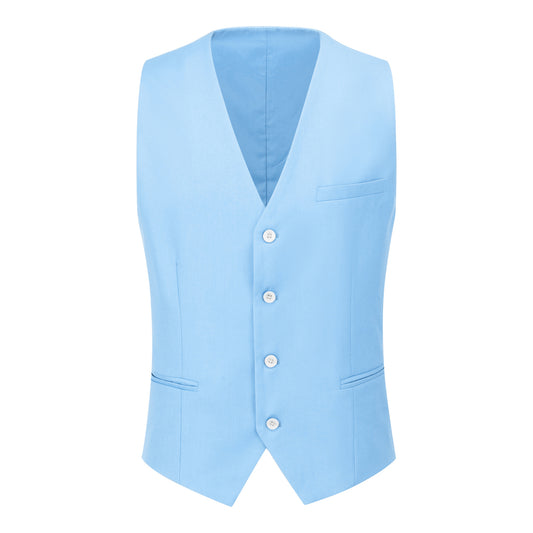 Light Blue # Men's slim fit 3-piece classic casual suit with one-button peaked lapel and button closure, light blue formal blazer jacket with matching vest and flat-front trousers with extended waist strap and slanted side pockets, elegant polyester viscose blend suit for business, wedding, office and daily wear, isolated on white background.