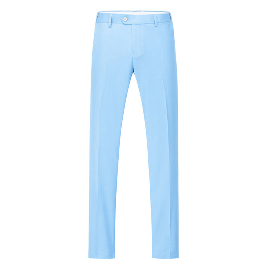 Light Blue # Men's slim fit 3-piece classic casual suit with one-button peaked lapel and button closure, light blue formal blazer jacket with matching vest and flat-front trousers with extended waist strap and slanted side pockets, elegant polyester viscose blend suit for business, wedding, office and daily wear, isolated on white background.