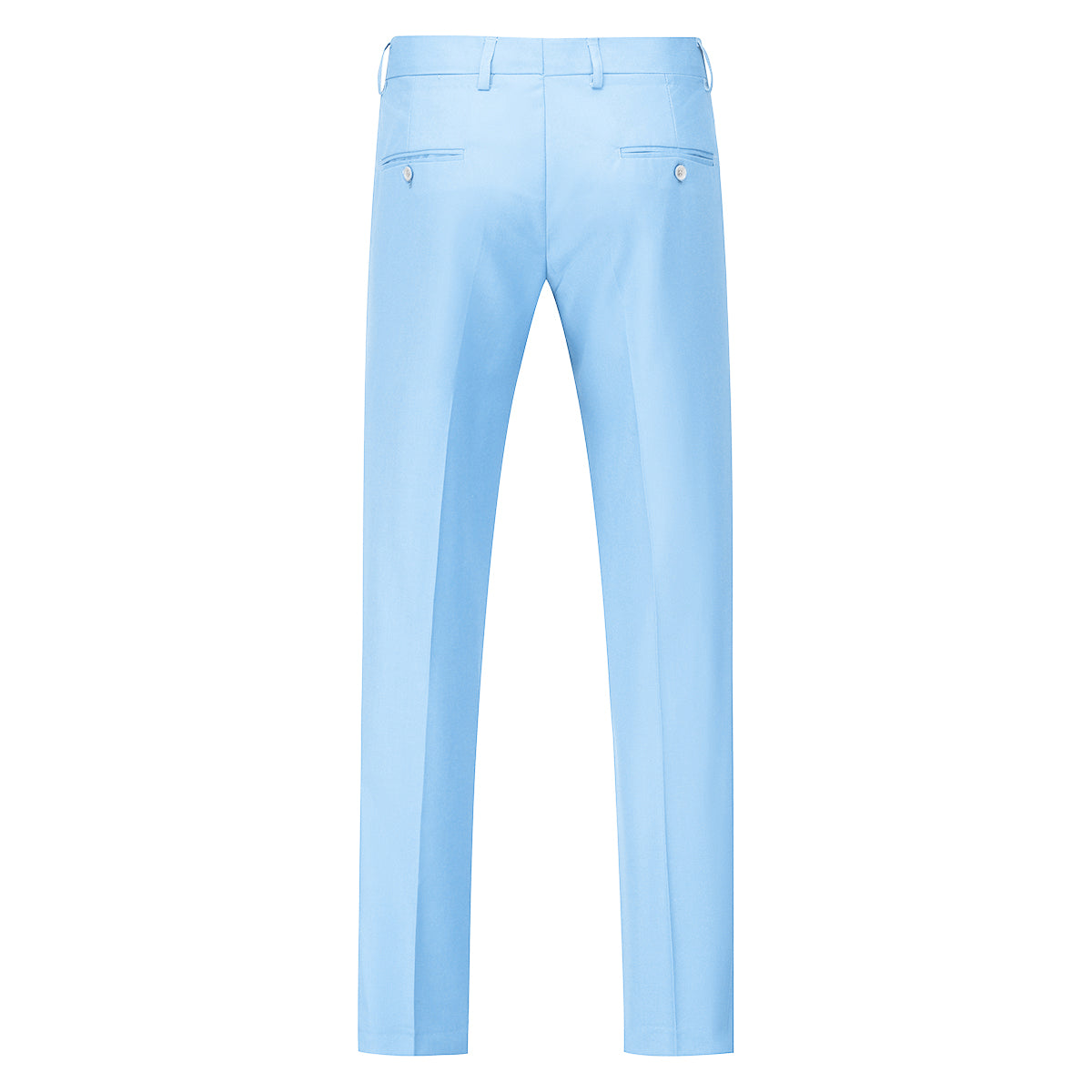 Light Blue # Men's slim fit 3-piece classic casual suit with one-button peaked lapel and button closure, light blue formal blazer jacket with matching vest and flat-front trousers with extended waist strap and slanted side pockets, elegant polyester viscose blend suit for business, wedding, office and daily wear, isolated on white background.