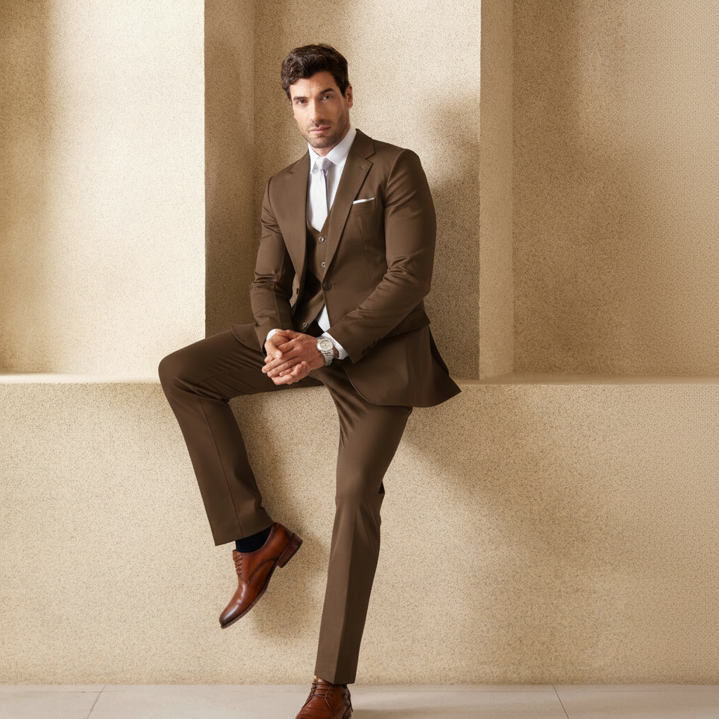 Dark Coffee # Men's 3-piece one-button formal suit with peaked lapel and slim fit, dark coffee solid blazer jacket with matching vest and flat-front trousers with extended waist strap, classic elegant business wear for office, wedding, prom and formal occasions, isolated on white background.