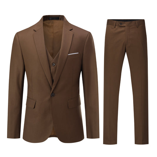 Dark Coffee # Men's 3-piece one-button formal suit with peaked lapel and slim fit, dark coffee solid blazer jacket with matching vest and flat-front trousers with extended waist strap, classic elegant business wear for office, wedding, prom and formal occasions, isolated on white background.