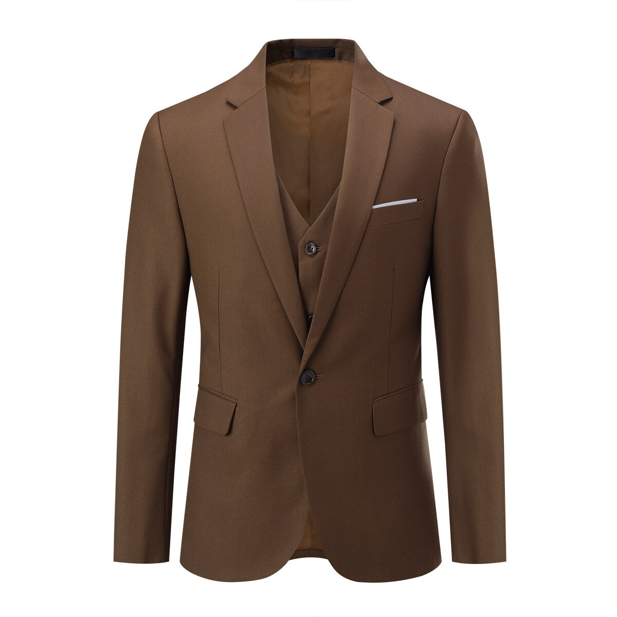 Dark Coffee # Men's 3-piece one-button formal suit with peaked lapel and slim fit, dark coffee solid blazer jacket with matching vest and flat-front trousers with extended waist strap, classic elegant business wear for office, wedding, prom and formal occasions, isolated on white background.