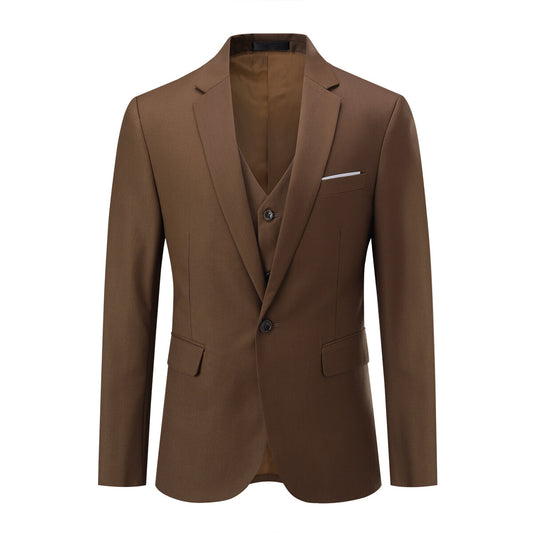Dark Coffee # Men's 3-piece one-button formal suit with peaked lapel and slim fit, dark coffee solid blazer jacket with matching vest and flat-front trousers with extended waist strap, classic elegant business wear for office, wedding, prom and formal occasions, isolated on white background.