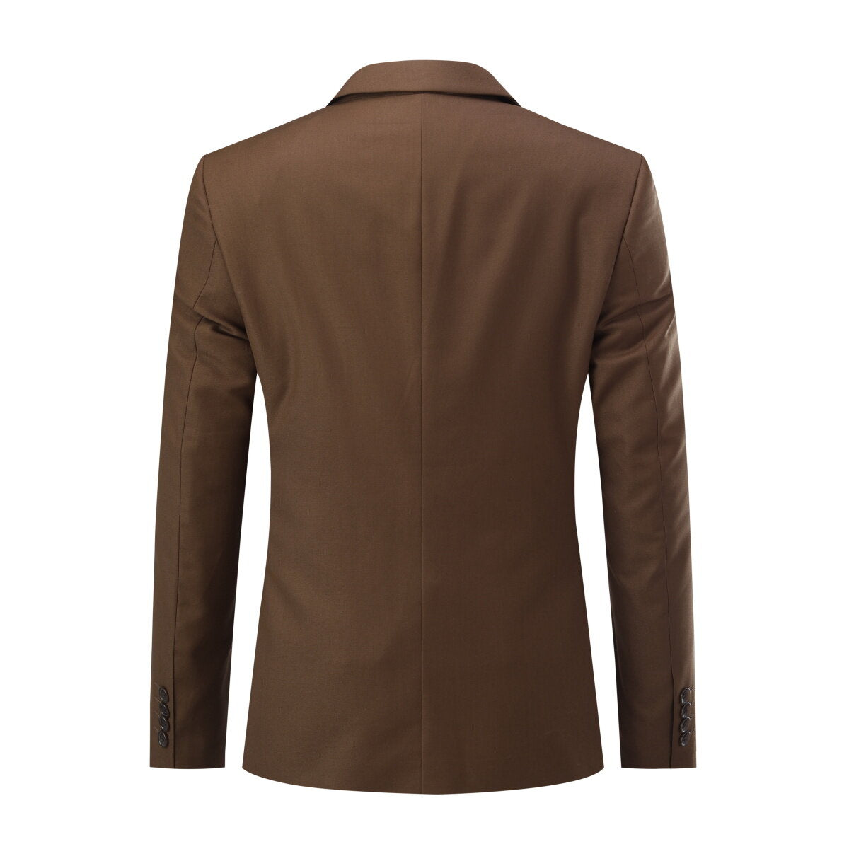 Dark Coffee # Men's 3-piece one-button formal suit with peaked lapel and slim fit, dark coffee solid blazer jacket with matching vest and flat-front trousers with extended waist strap, classic elegant business wear for office, wedding, prom and formal occasions, isolated on white background.