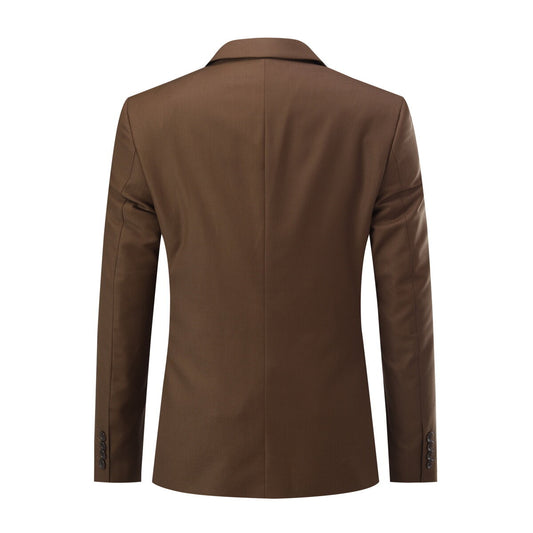 Dark Coffee # Men's 3-piece one-button formal suit with peaked lapel and slim fit, dark coffee solid blazer jacket with matching vest and flat-front trousers with extended waist strap, classic elegant business wear for office, wedding, prom and formal occasions, isolated on white background.
